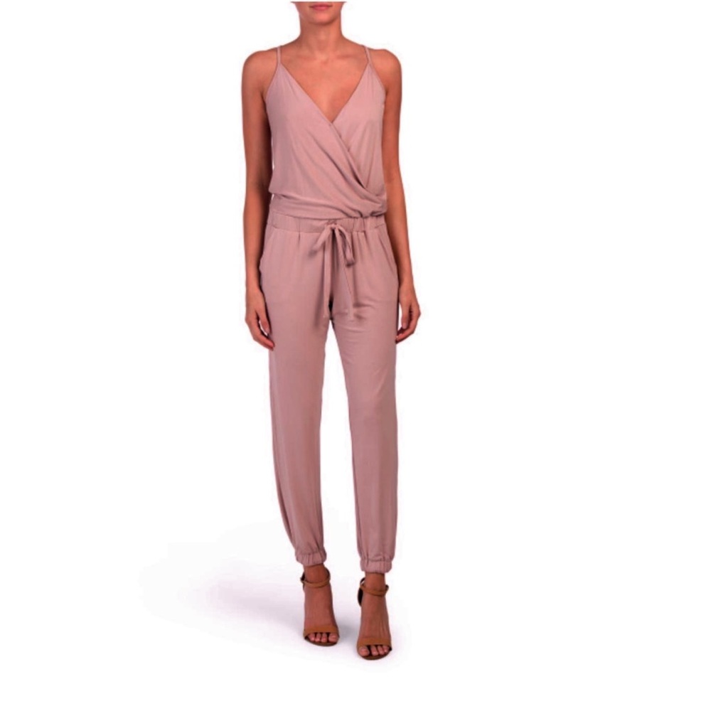 Elan Women’s V-Neck Jogger Jumpsuit with Adjustable Drawstring Waist in Mauve